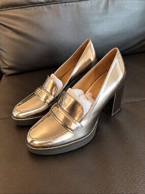 Brand New. 8 wide Metallic platform Block Heel Loafer Pumps - Women's Silver